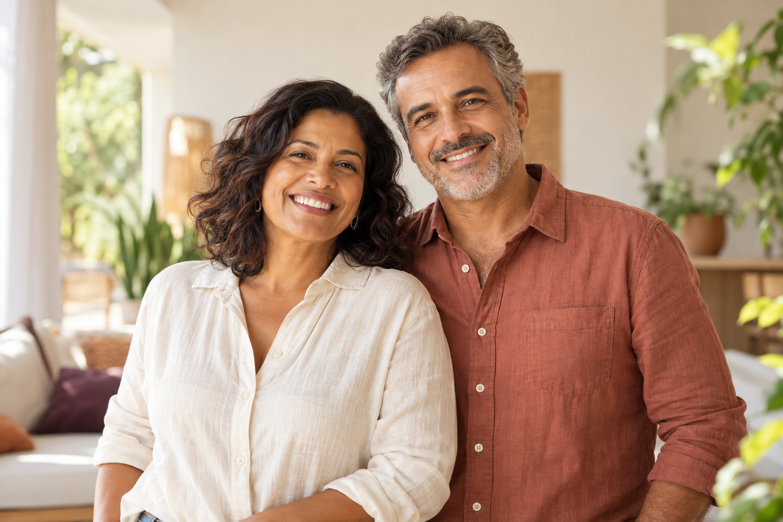Imagem ilustrativa de um casal sorrindo em casa