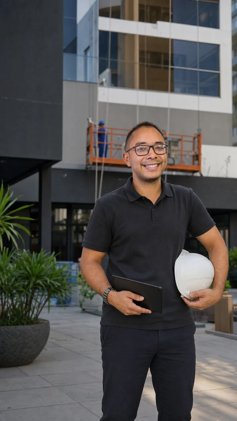 Victor Bispo durante visita a condomínio com manutenção de fachada