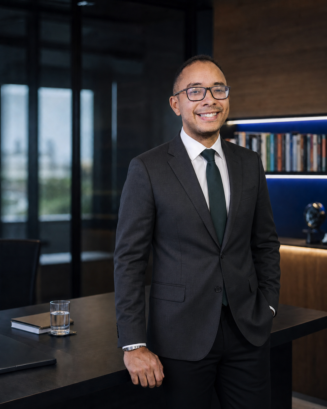 Victor Bispo em traje social em ambiente corporativo